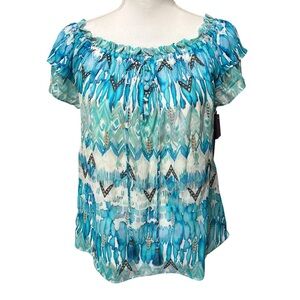 Hale Bob Blue Chiffon Summer Blouse Boho Beachy Coastal Flutter Sleeves M NWT